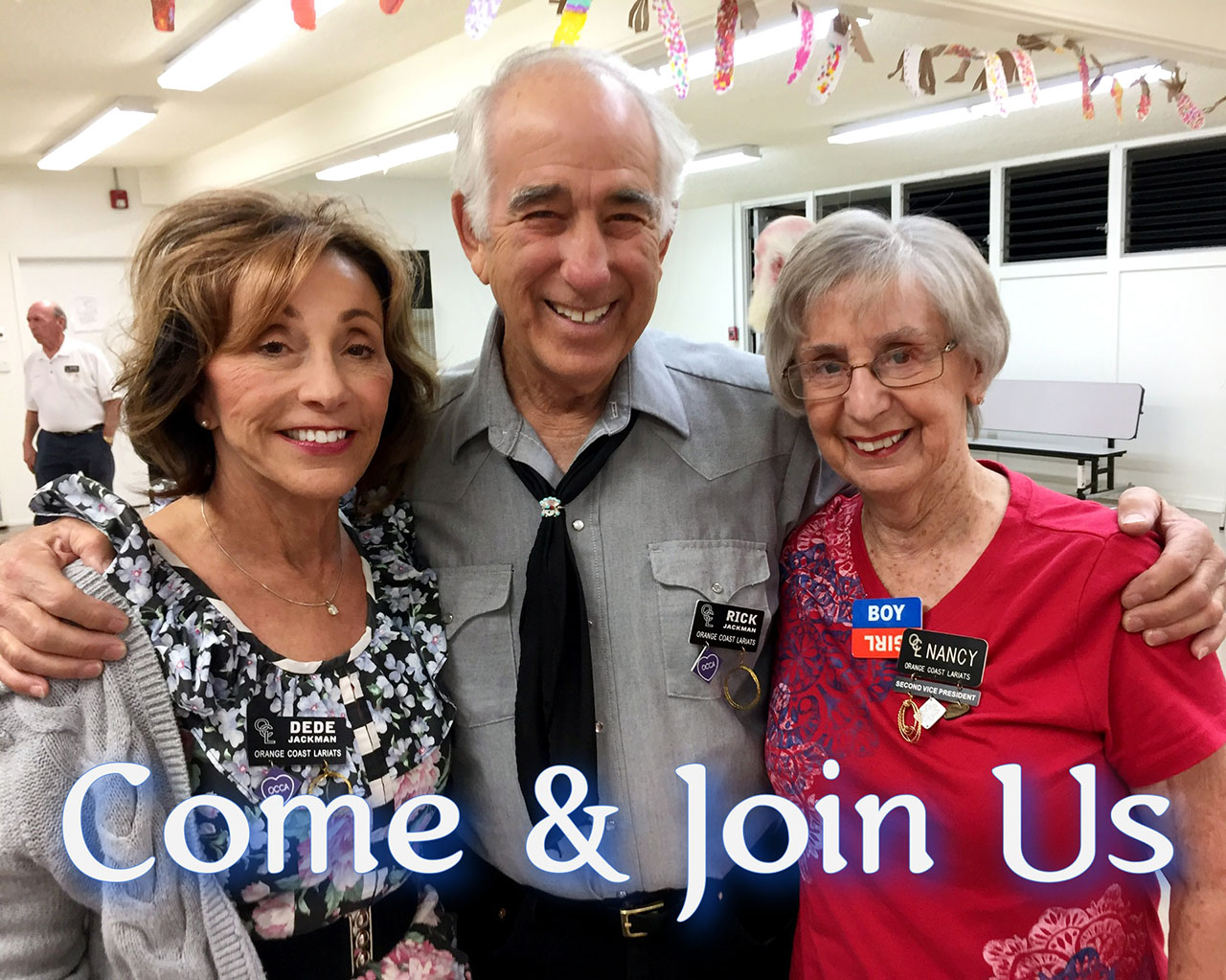 Three smiling friends with a Come and Join Us message