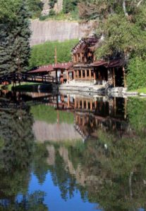 Fun Valley dining hall reflected in the water